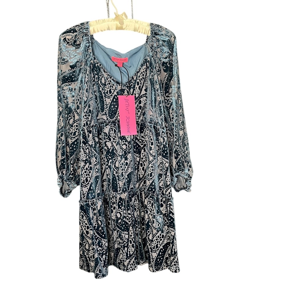 Betsey Johnson Velvet Burnout Tiered Mini Dress Blue Size S Whimsigoth Fairy NEW